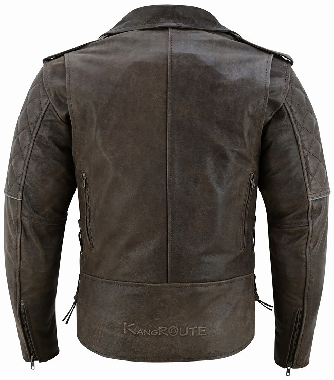 CHAQUETA CAZADORA CRUZADA DE MOTO EN CUERO VINTAGE RETRO, FORRO Y PROTECTORES EXTRAIBLES