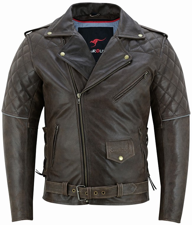 CHAQUETA CAZADORA CRUZADA DE MOTO EN CUERO VINTAGE RETRO, FORRO Y PROTECTORES EXTRAIBLES