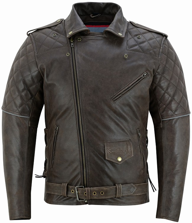 CHAQUETA CAZADORA CRUZADA DE MOTO EN CUERO VINTAGE RETRO, FORRO Y PROTECTORES EXTRAIBLES