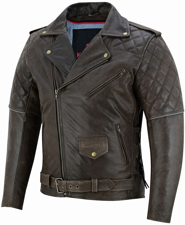 CHAQUETA CAZADORA CRUZADA DE MOTO EN CUERO VINTAGE RETRO, FORRO Y PROTECTORES EXTRAIBLES