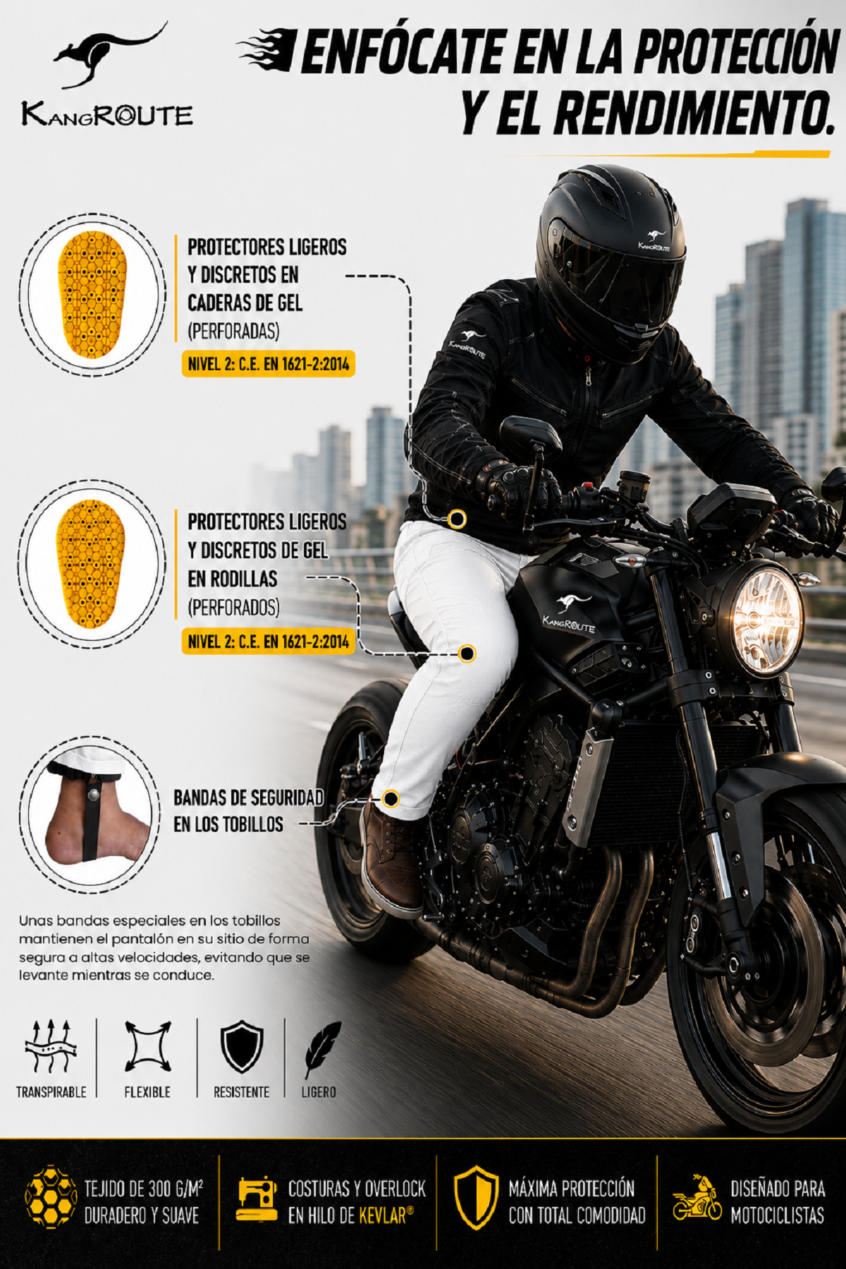 PANTALÓN CHÁNDAL DE MOTO UNISEX, ELÁSTICO, 100% FORRADO EN KEVLAR® Y CON PROTECCIONES GEL CE NIVEL 2. PANTALÓN CHÁNDAL DE MOTO UNISEX, ELÁSTICO, 100% FORRADO EN KEVLAR® Y CON PROTECCIONES GEL CE NIVEL 2.
