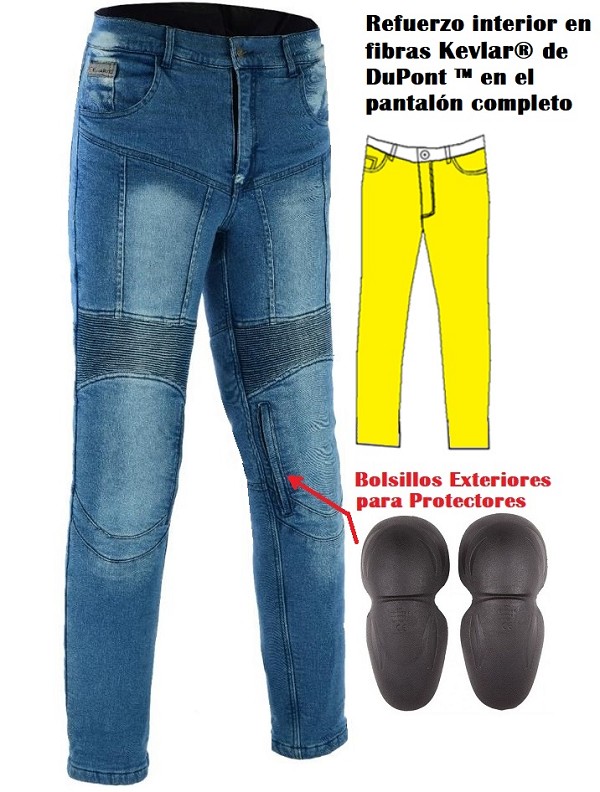 PANTALÓN VAQUERO FLEXIBLE UNISEX CON REFUERZOS DE KEVLAR FORRADO COMPLETO Y PROTECCIONES C.E. DESMONTABLE