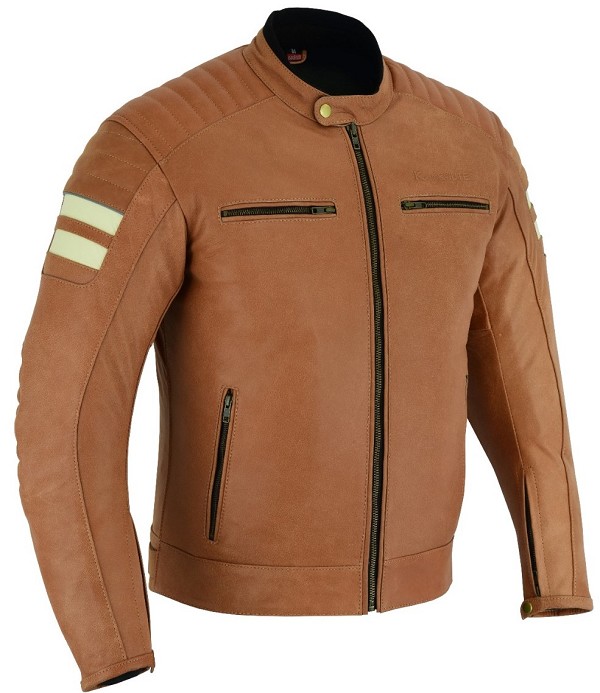 CHAQUETA DE MOTO EN PIEL ESTILO RETRO CAMEL CON FORRO Y PROTECCIONES EXTRAIBLES