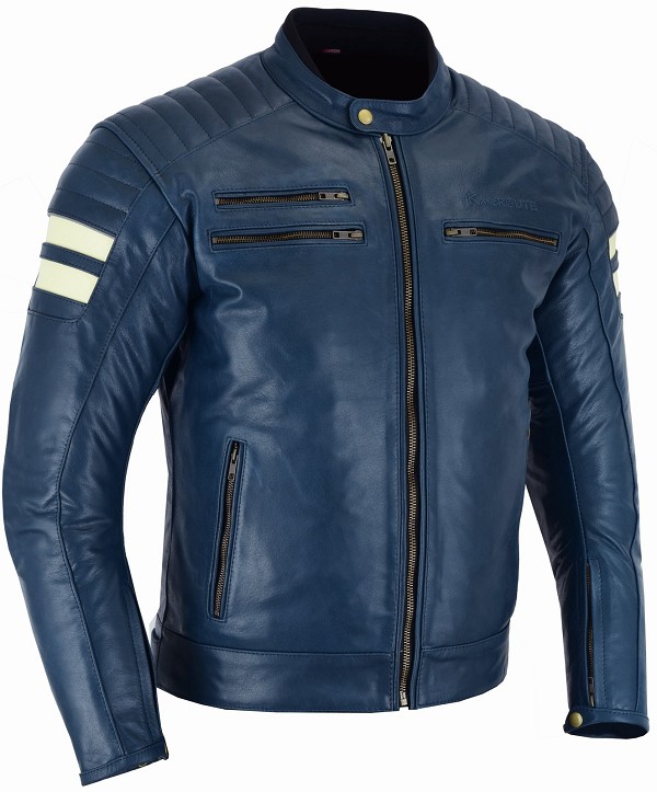 CHAQUETA DE MOTO EN PIEL BÚFALO ESTILO RETRO AZUL MARINO CON FORRO Y PROTECCIONES CE EXTRAIBLES