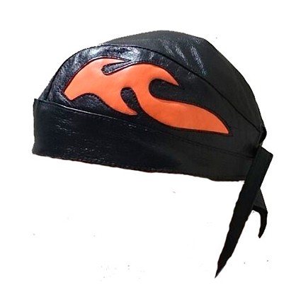 CHAPEU DE CUIR NOIR CUSTOM MOTO AVEC DES FLAMMES ORANGE