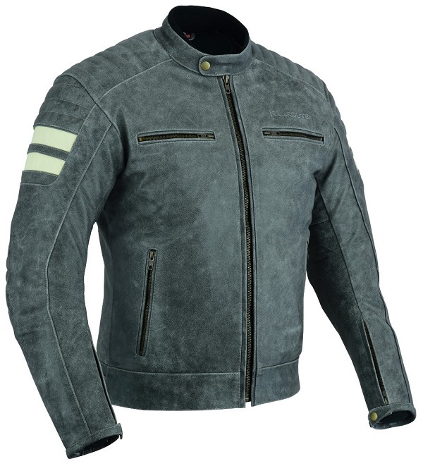 CHAQUETA DE MOTO EN PIEL VINTAGE GRIS CON FORRO Y PROTECCIONES CE EXTRAIBLES